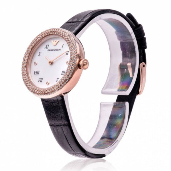 Emporio Armani Rosa Quartz Mother Of Pearl White Dial Black Leather Strap Watch For Women - AR11356 - Image 7